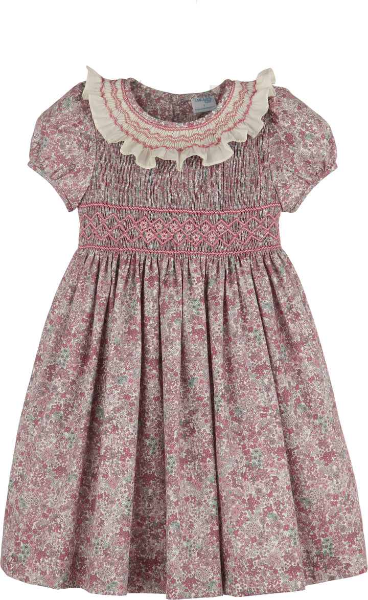 Luli & Me Fall Bloom Collar Dress in pink floral print with short puff sleeves, front view
