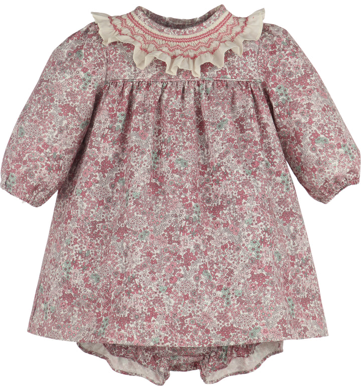 Luli & Me Fall Bloom Collar Set in pink floral print with long sleeves, front view