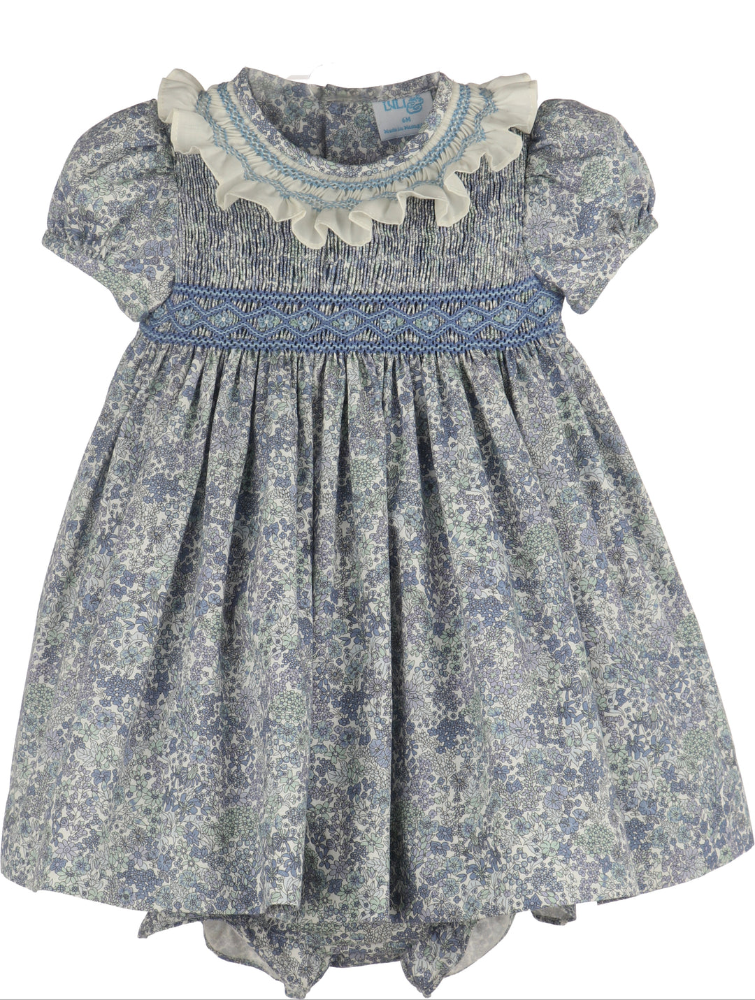 Luli & Me Fall Bloom Smock Dress in blue floral print with puff sleeves, front view