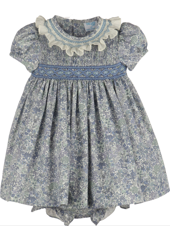 Luli & Me Fall Bloom Smock Dress in blue floral print with puff sleeves, front view