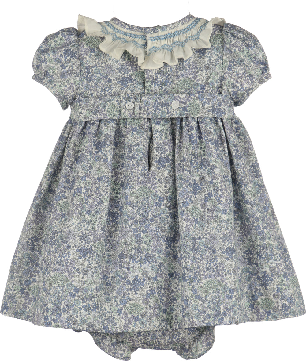 Luli & Me Fall Bloom Smock Dress in blue floral print, back view