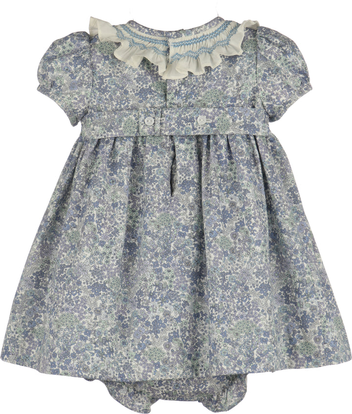 Luli & Me Fall Bloom Smock Dress in blue floral print, back view