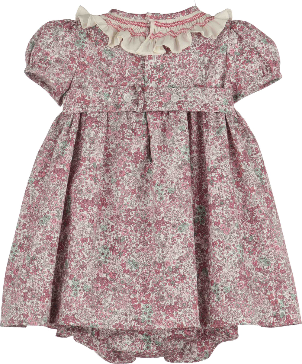Luli & Me Fall Bloom Smock Dress in pink floral print with puff sleeves, front view