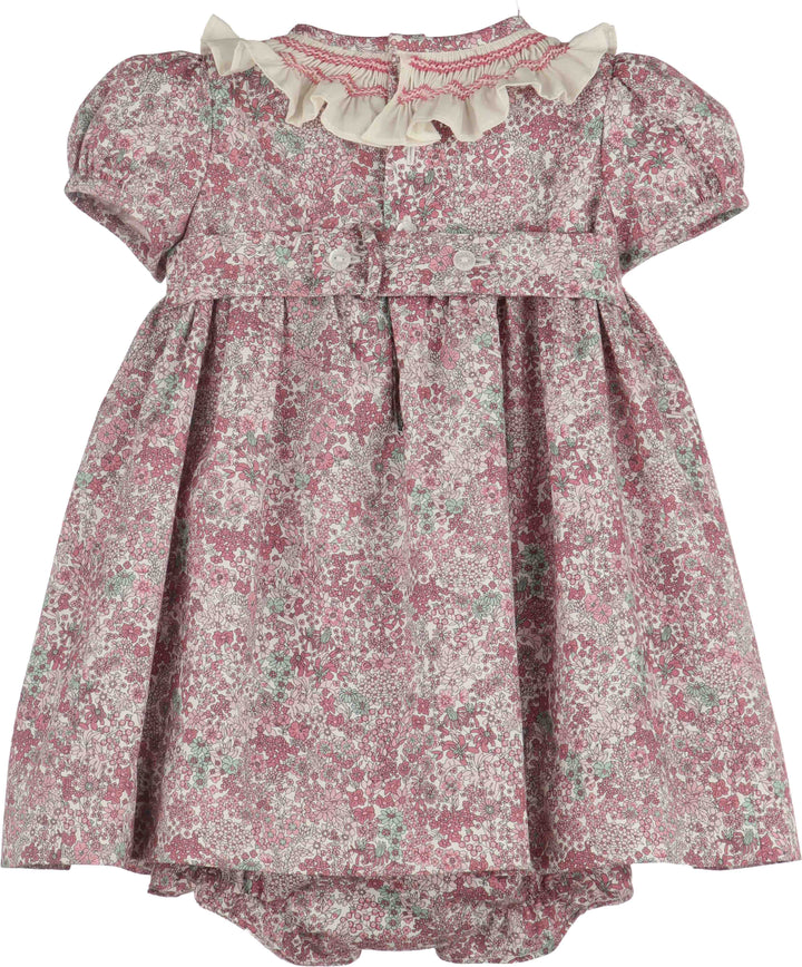 Luli & Me Fall Bloom Smock Dress in pink floral print with puff sleeves, front view