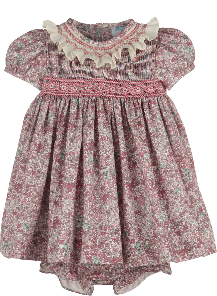 Luli & Me Fall Bloom Smock Dress in pink floral print, back view