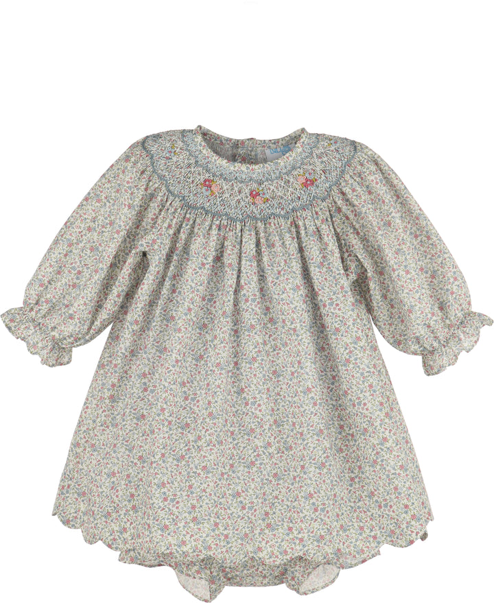 Smocked Floral Blue and Pink Dress