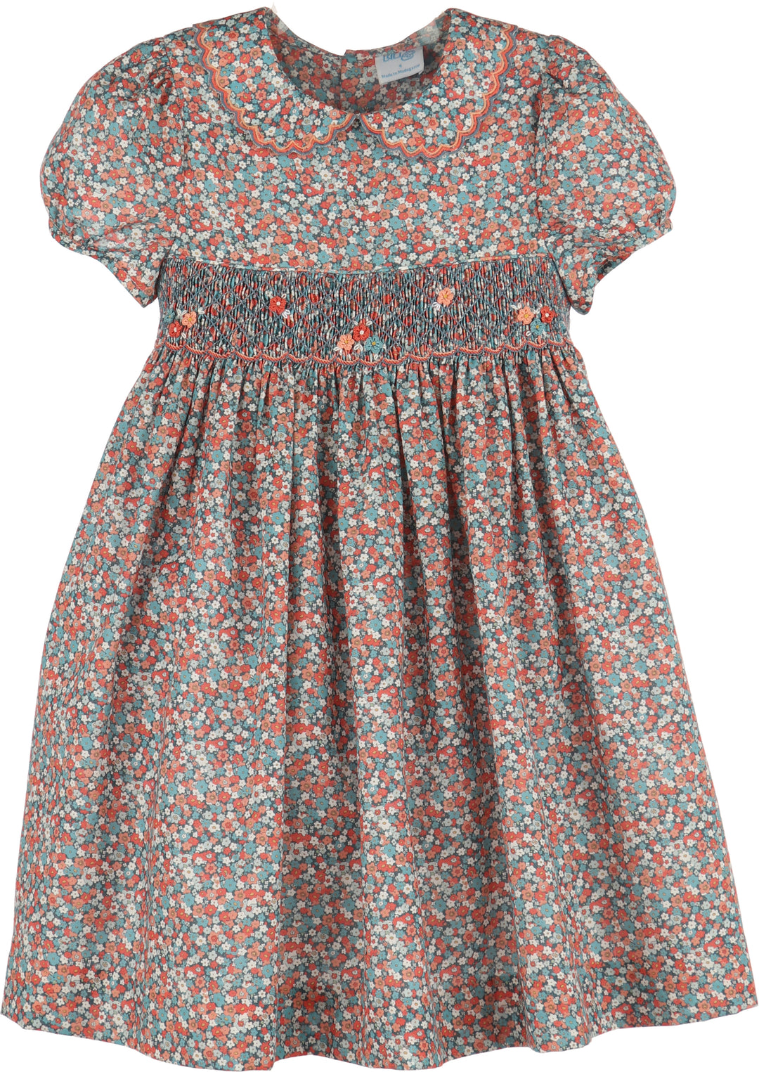 Luli & Me Floral Vintage Dress in blue floral print, front view