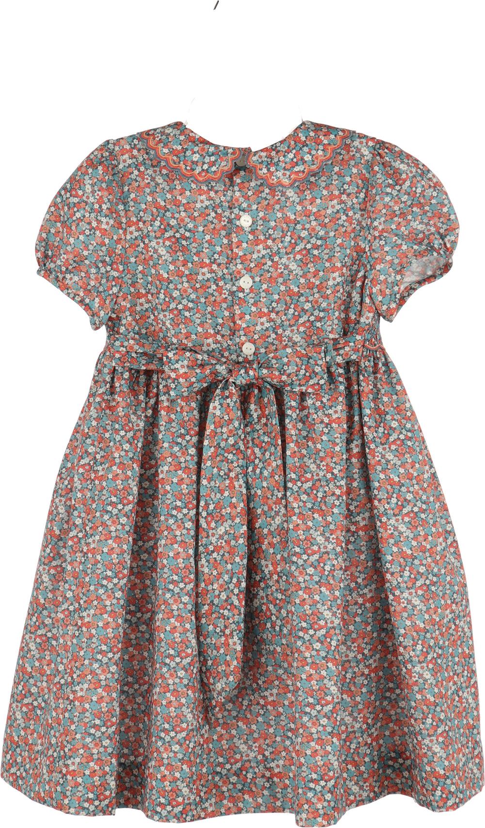 Luli & Me Floral Vintage Dress in blue floral print, back view showing button closure