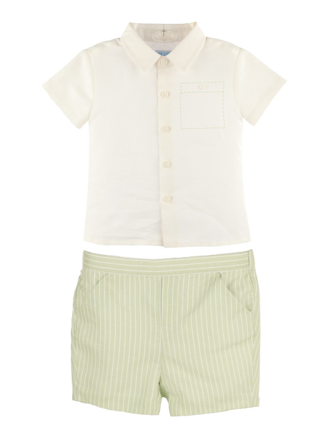 Boys 2 piece short sleeve shirt with green striped shorts
