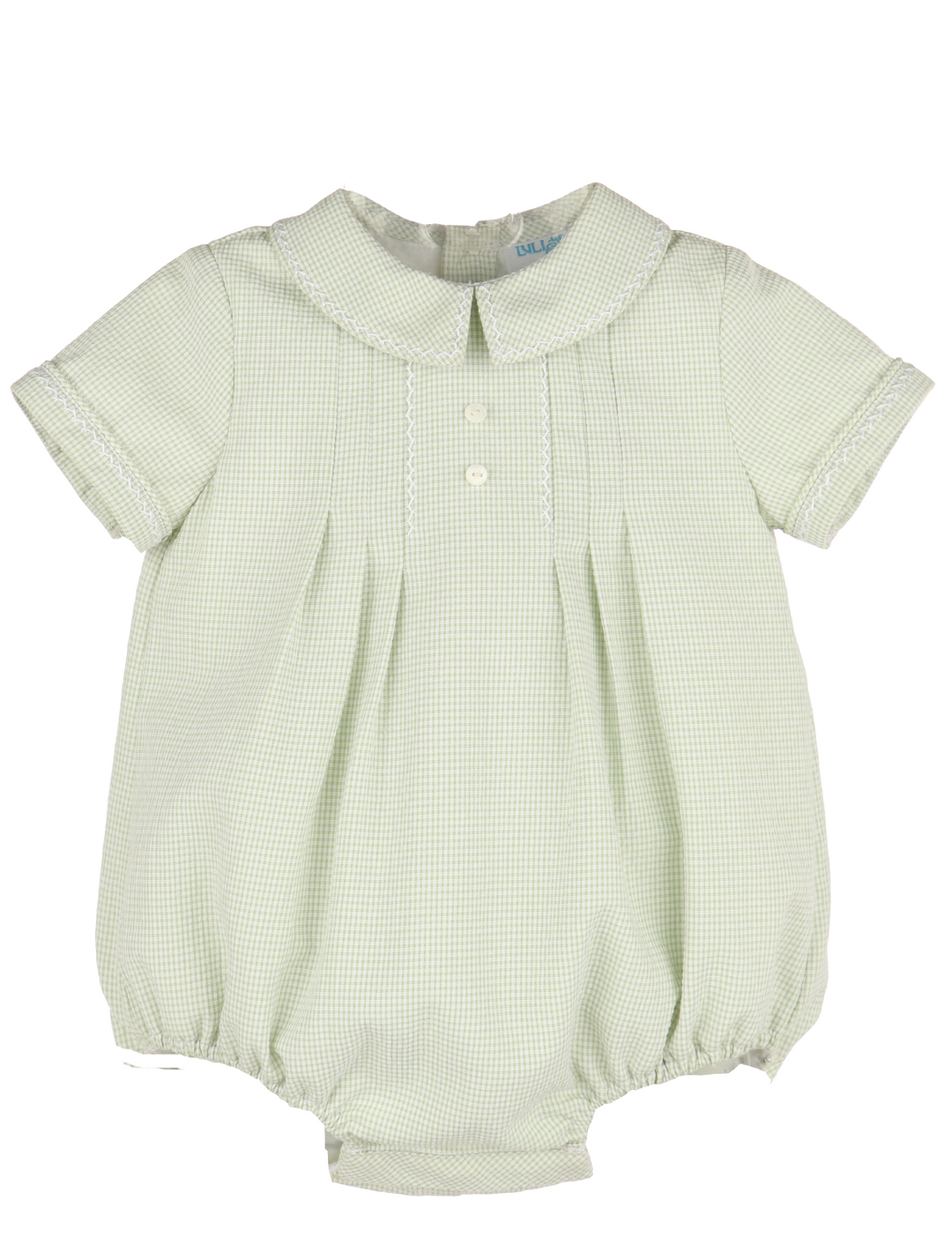 Green checkered baby romper with a collar on a white background