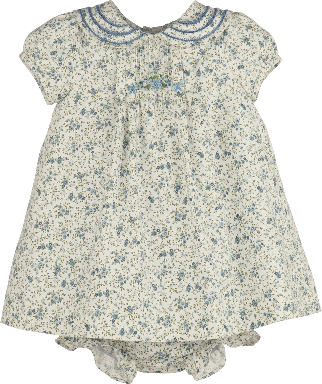 Floral baby romper with blue accents on a white background