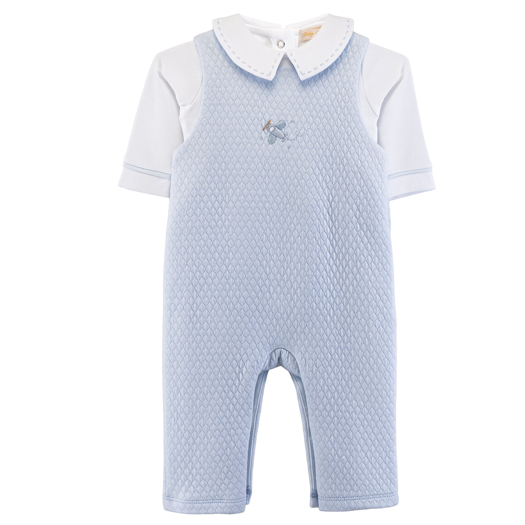 Light blue baby romper with white collar on a white background
