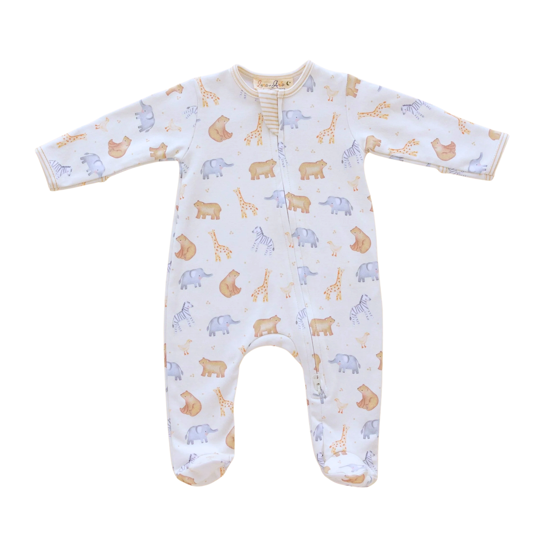 Baby onesie with animal pattern on a white background