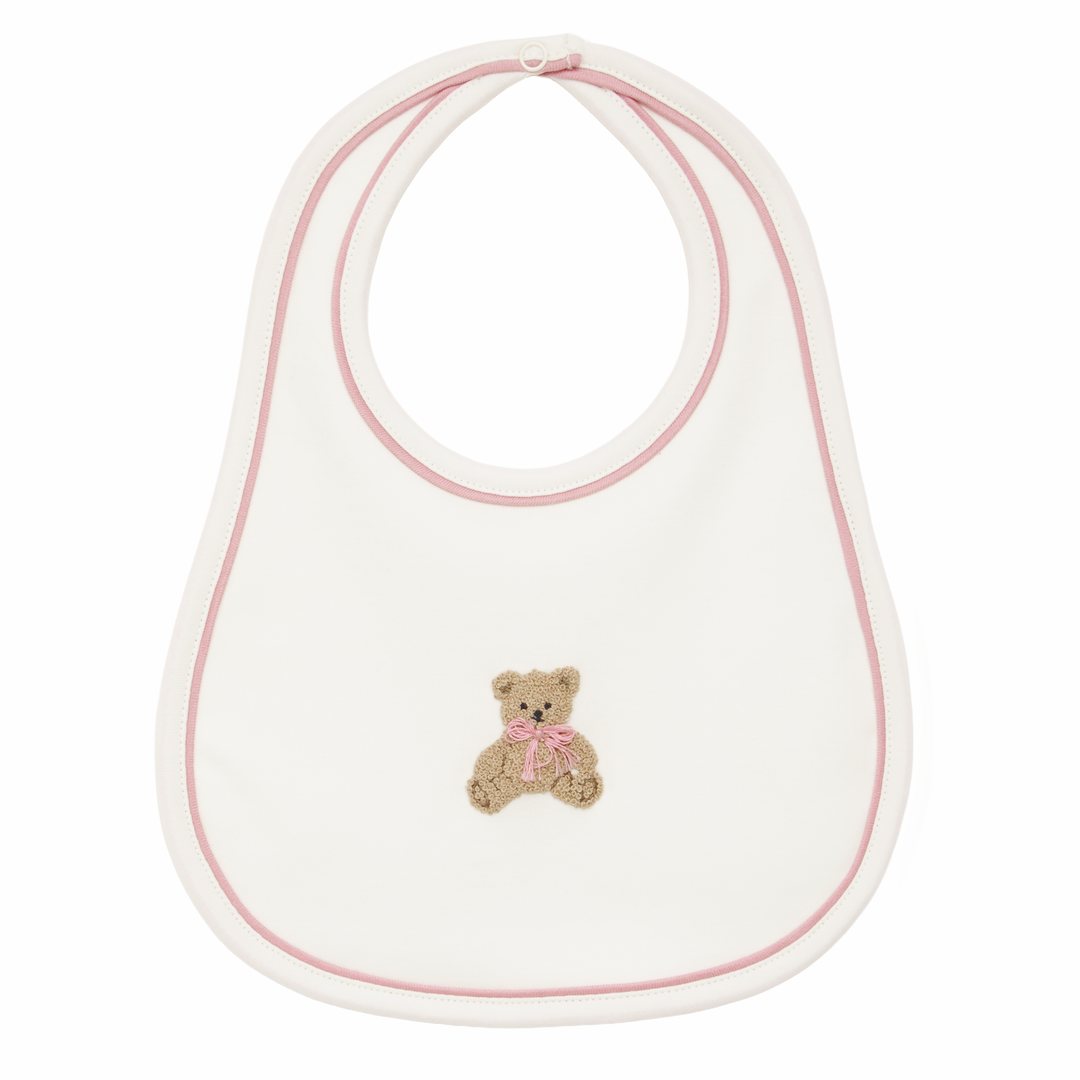 Baby Pima Cotton Bib with Pink Trim and Teddy Bear Applique