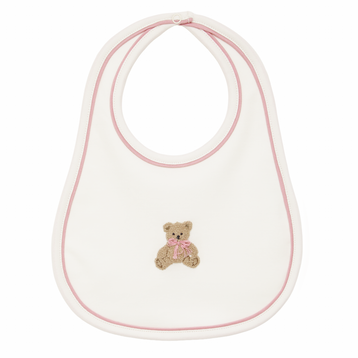 Baby Pima Cotton Bib with Pink Trim and Teddy Bear Applique