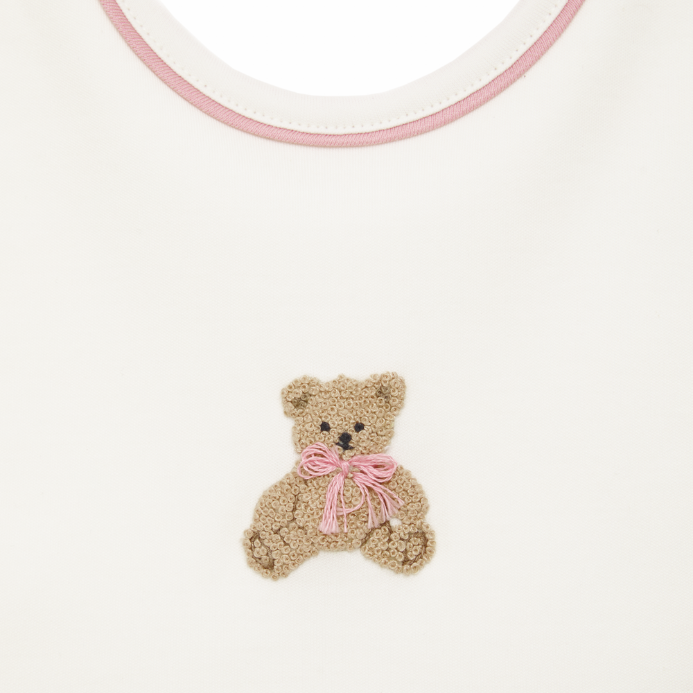 Baby Pima Cotton Bib with Pink Trim and Teddy Bear Applique