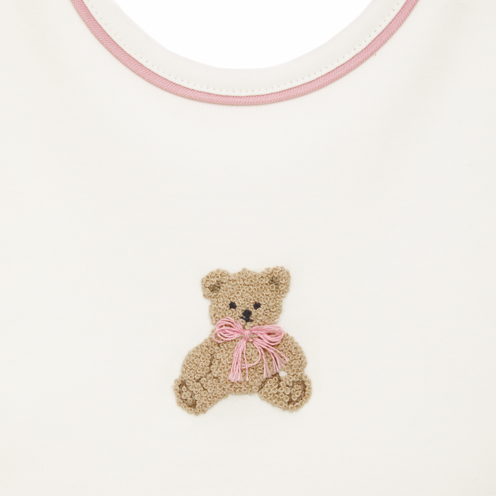 Baby Pima Cotton Bib with Pink Trim and Teddy Bear Applique