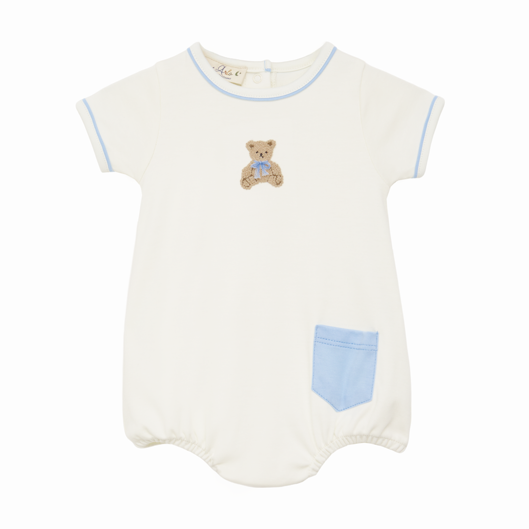 baby boy romper with teddy bear motif and blue pocket