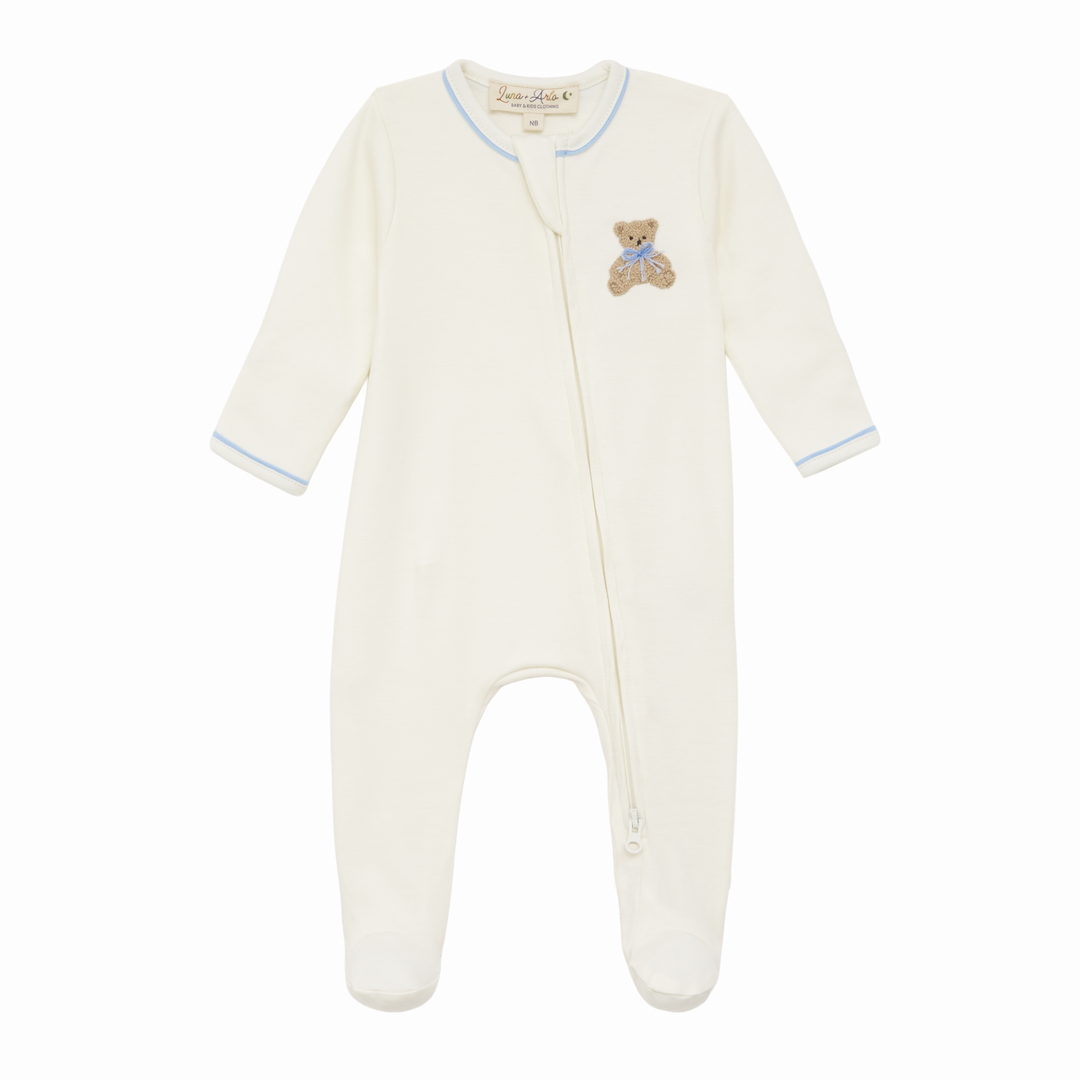 Newborn Pima Cotton Zip Footie with Teddy Bear Motif