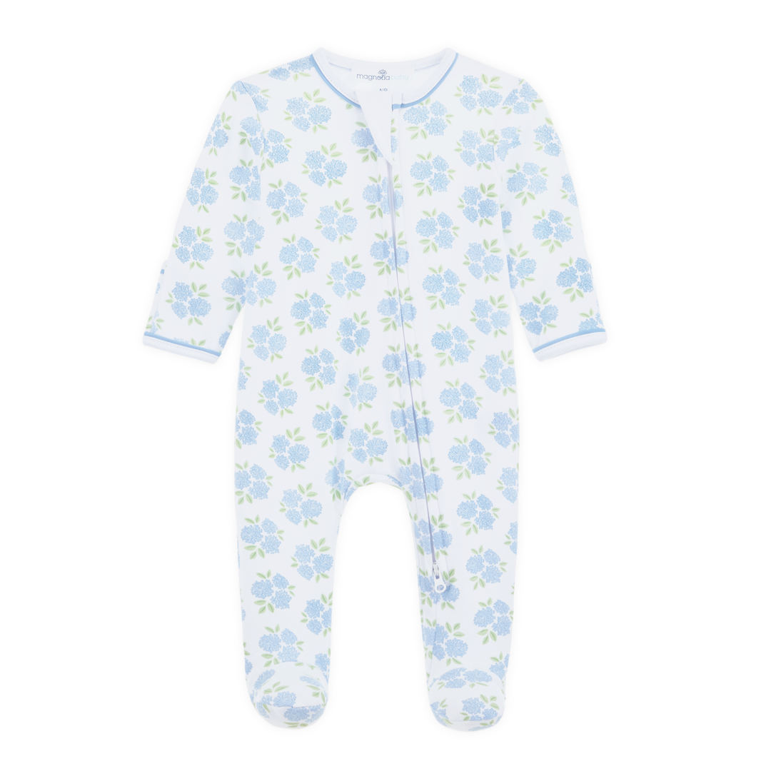 Magnolia Baby Dreamy Hydrangeas blue floral Pima cotton zip footie for baby