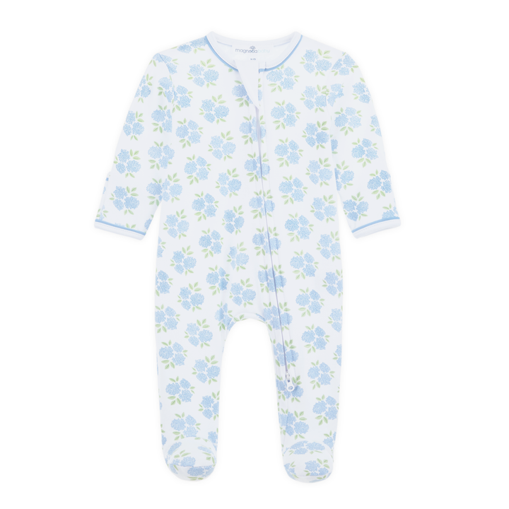 Magnolia Baby Dreamy Hydrangeas blue floral Pima cotton zip footie for baby