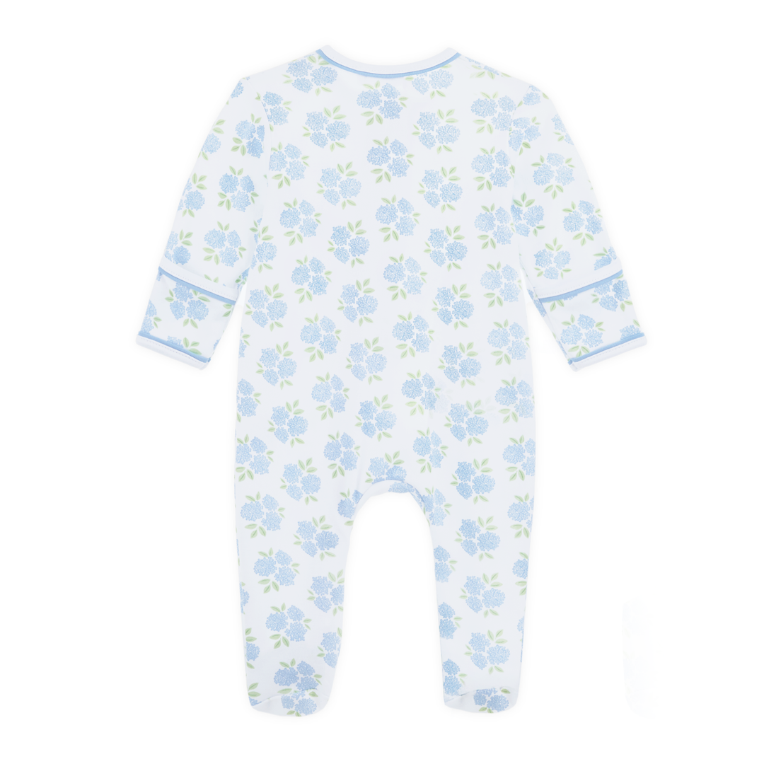 Magnolia Baby Dreamy Hydrangeas blue floral Pima cotton zip footie for baby