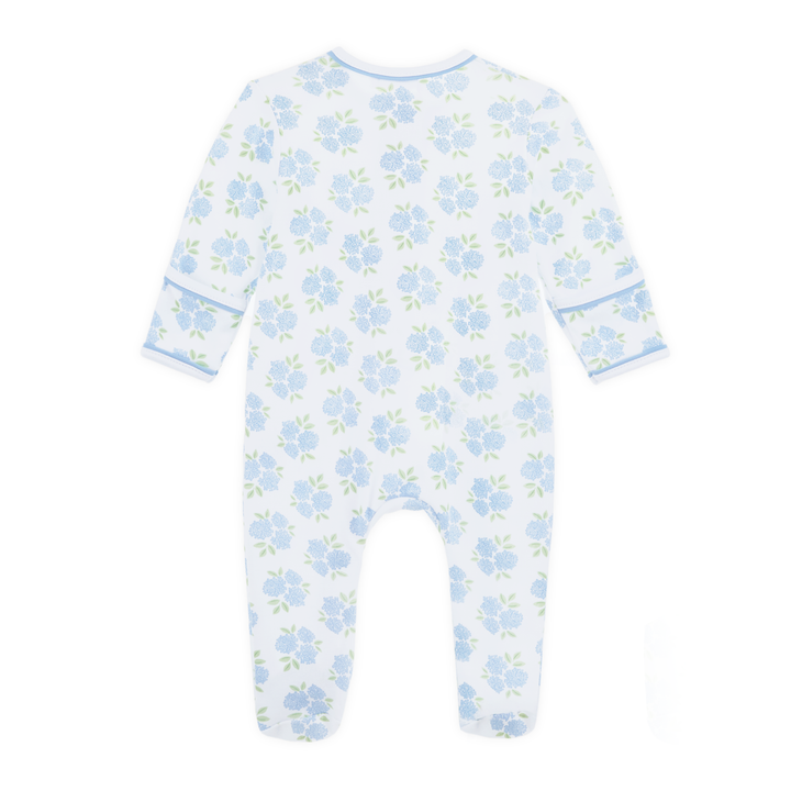 Magnolia Baby Dreamy Hydrangeas blue floral Pima cotton zip footie for baby
