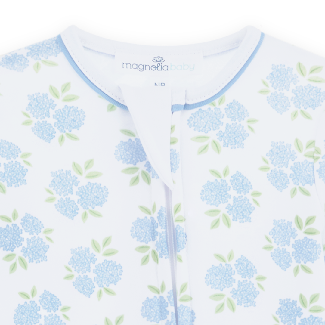 Magnolia Baby Dreamy Hydrangeas blue floral Pima cotton zip footie for baby