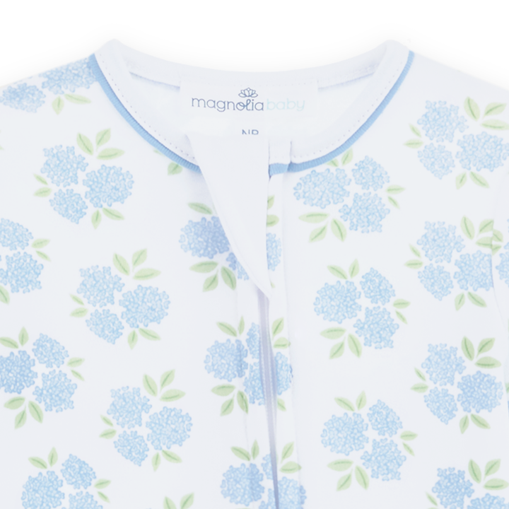 Magnolia Baby Dreamy Hydrangeas blue floral Pima cotton zip footie for baby