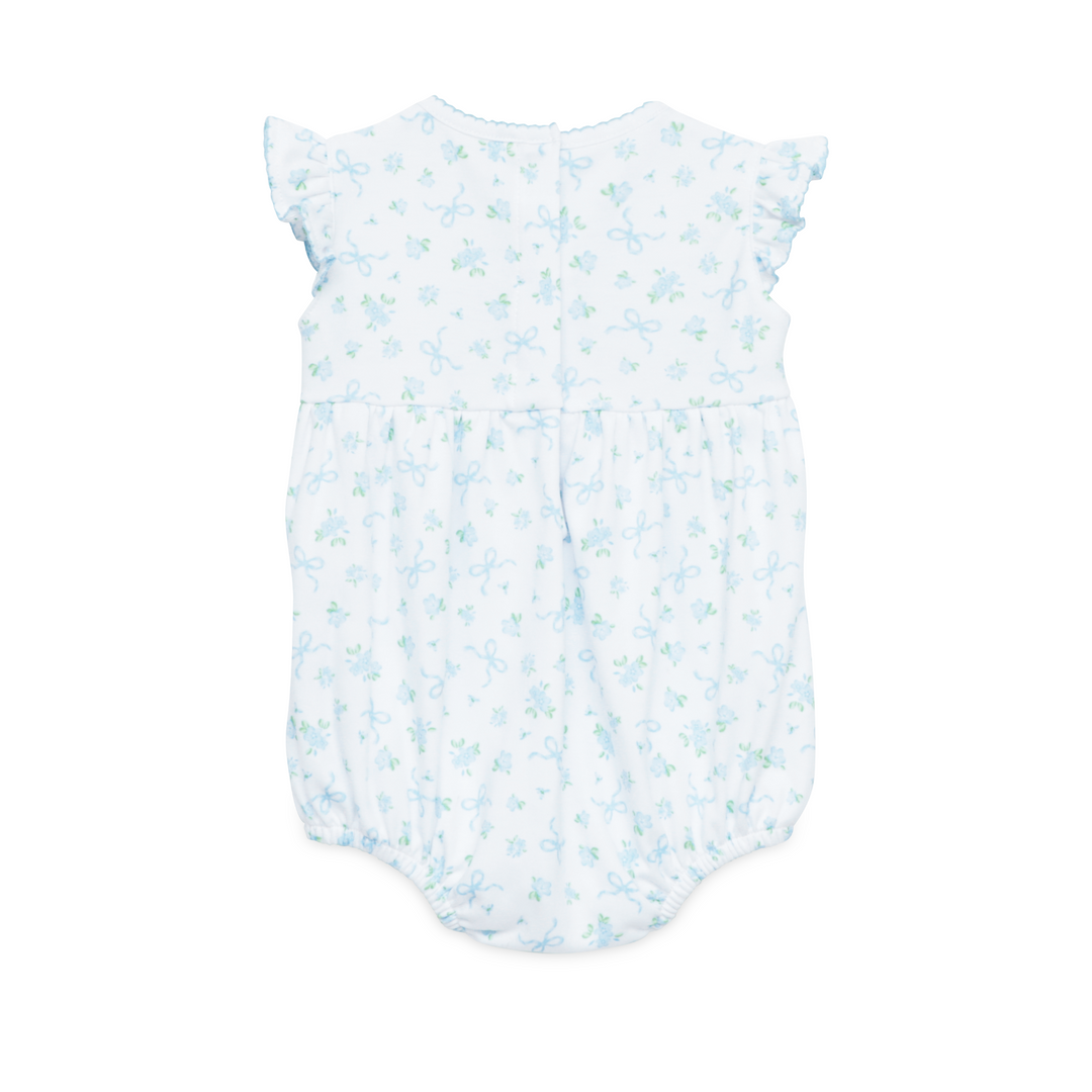 Baby romper with blue floral pattern on a white background