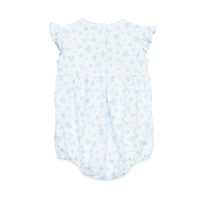 Baby romper with blue floral pattern on a white background