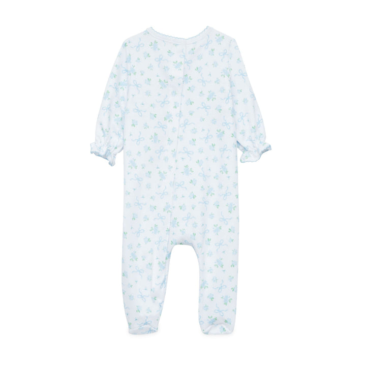 Baby onesie with blue floral pattern on a white background