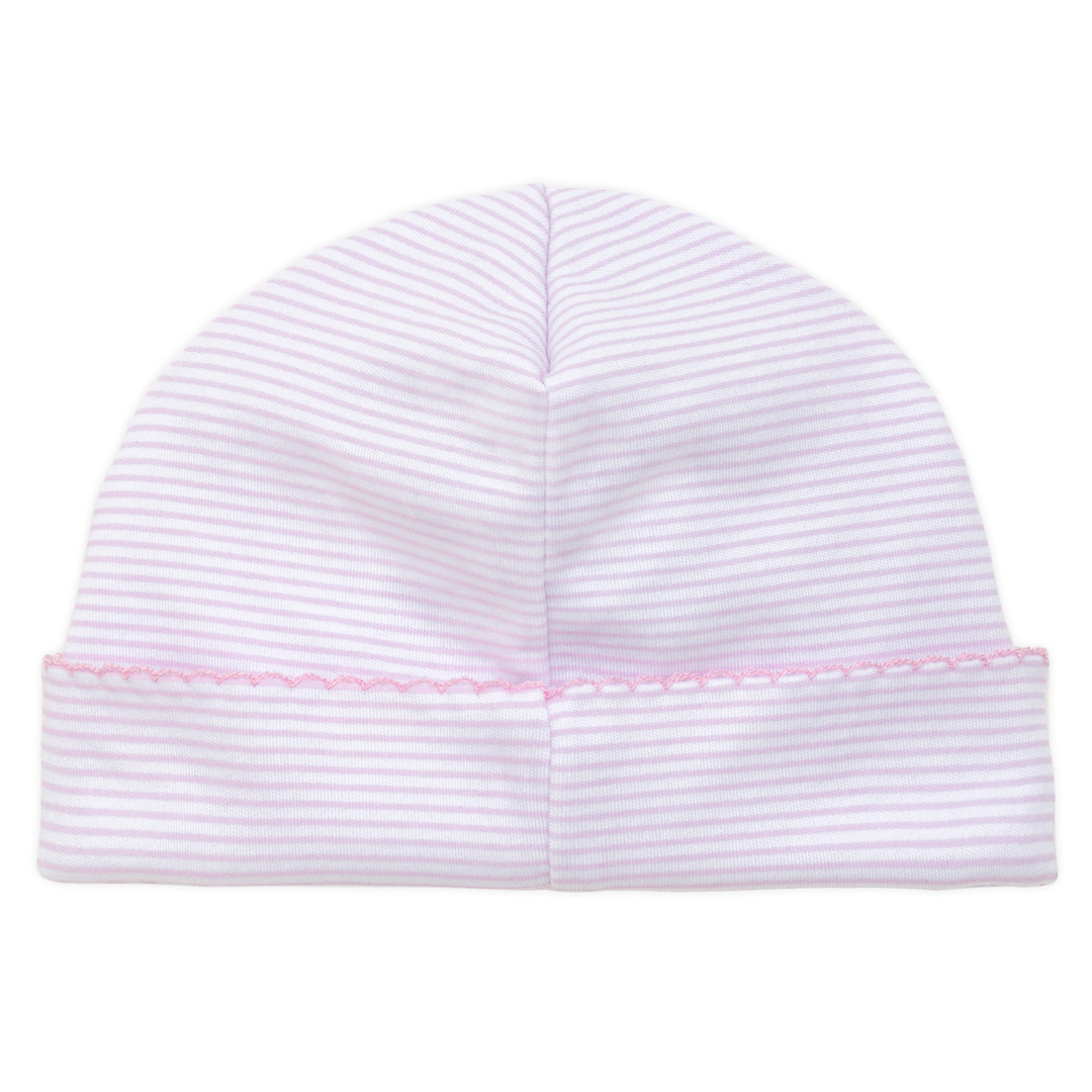 Striped baby hat with pink trim on a white background