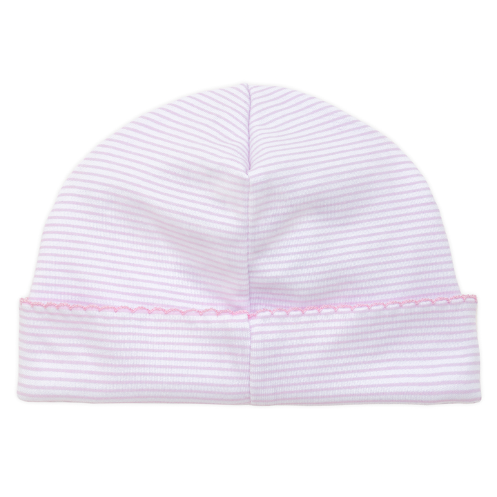 Striped baby hat with pink trim on a white background