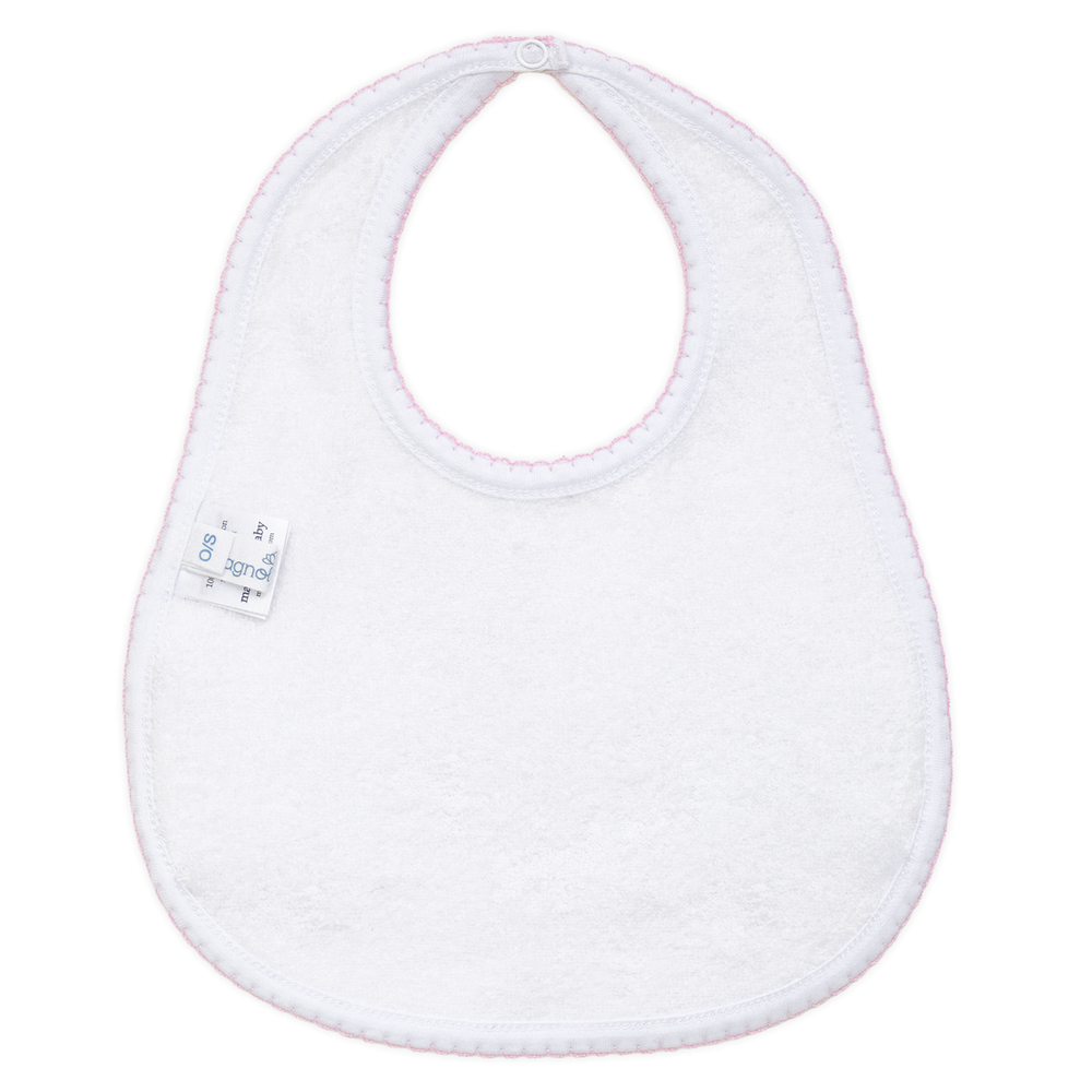 White baby bib with a label on a white background