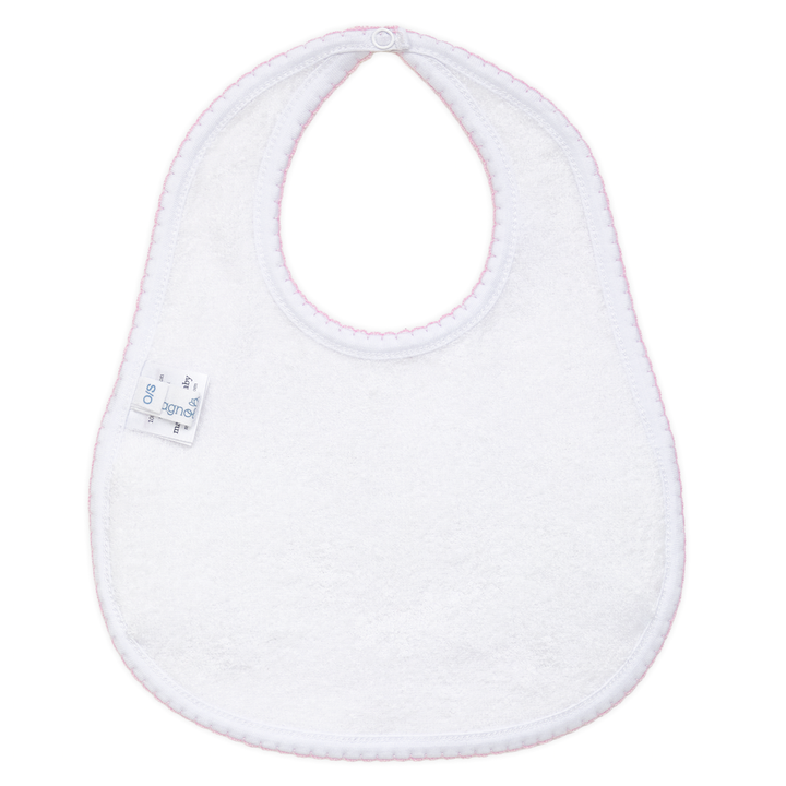 White baby bib with a label on a white background