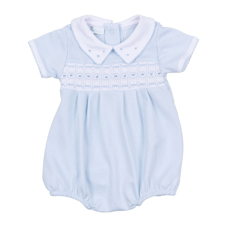 Light blue baby romper with white collar on a white background