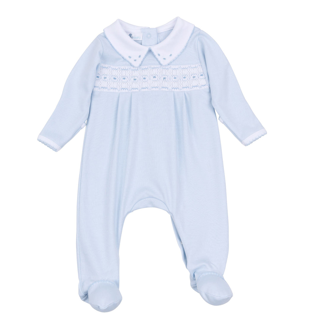Light blue baby onesie with white collar on a white background