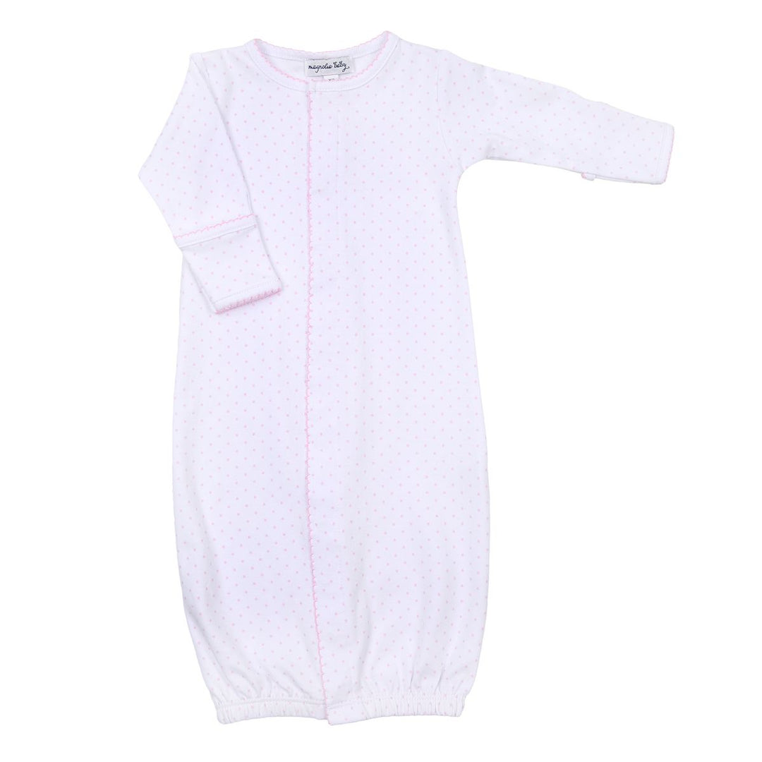 white baby sack with pink dots print and pink crochet trim