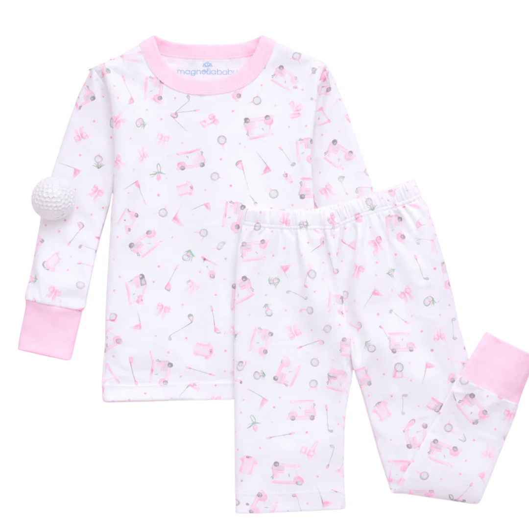Children's pajama set with pink and white pattern on a white background