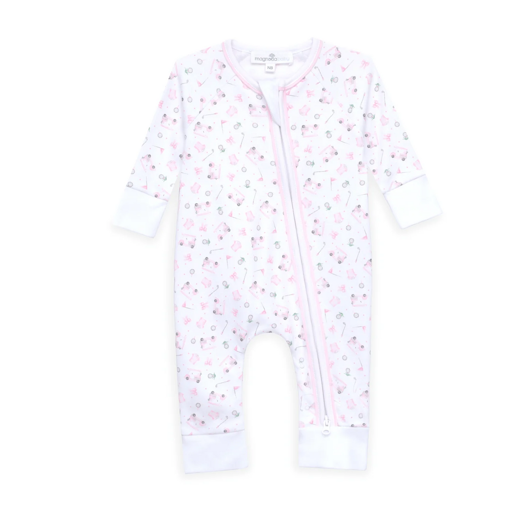 Baby onesie with pink floral pattern on a white background