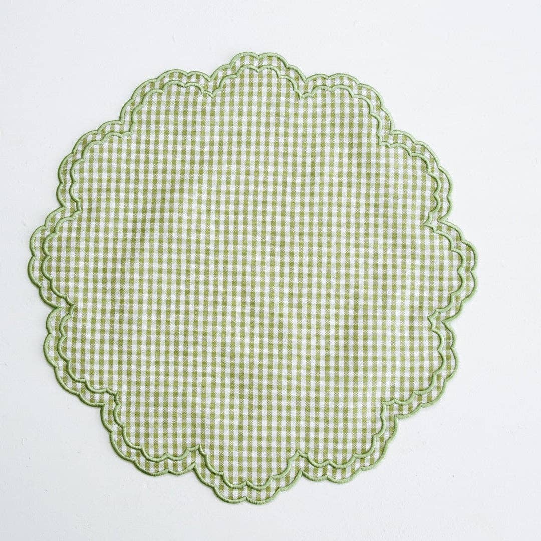 Magnolia Green Gingham Scalloped Fabric Placemat and Napkin Set