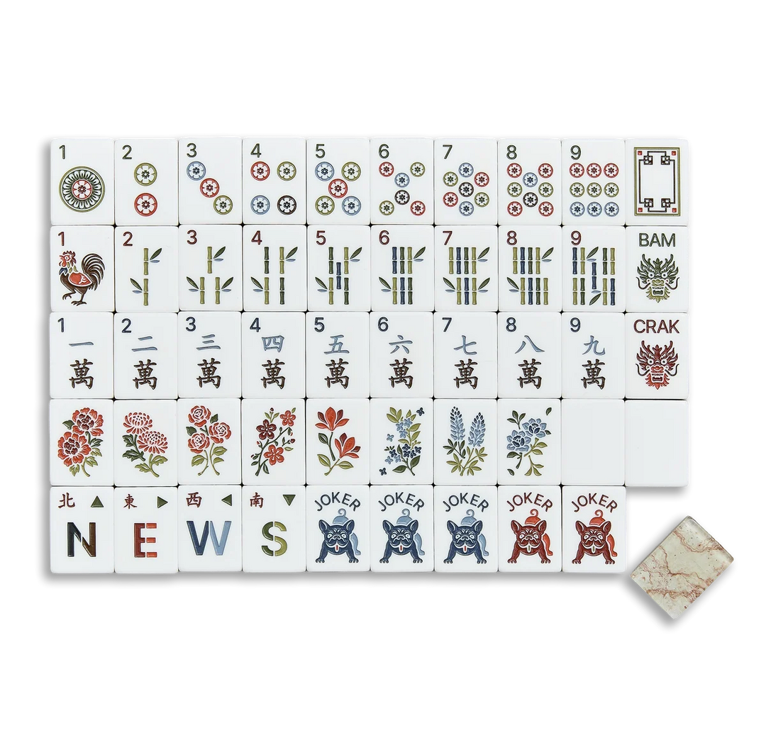 Set of Mahjong tiles with various symbols and numbers on a white background