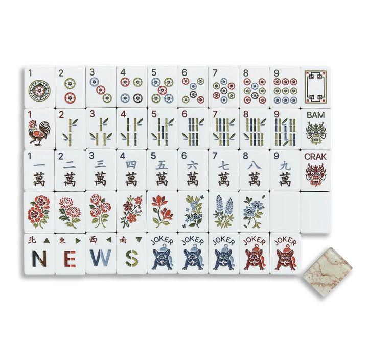 Set of Mahjong tiles with various symbols and numbers on a white background