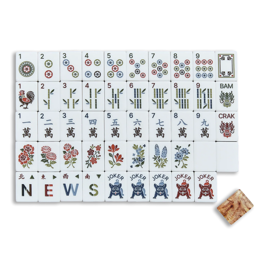 Set of Mahjong tiles with various symbols on a white background