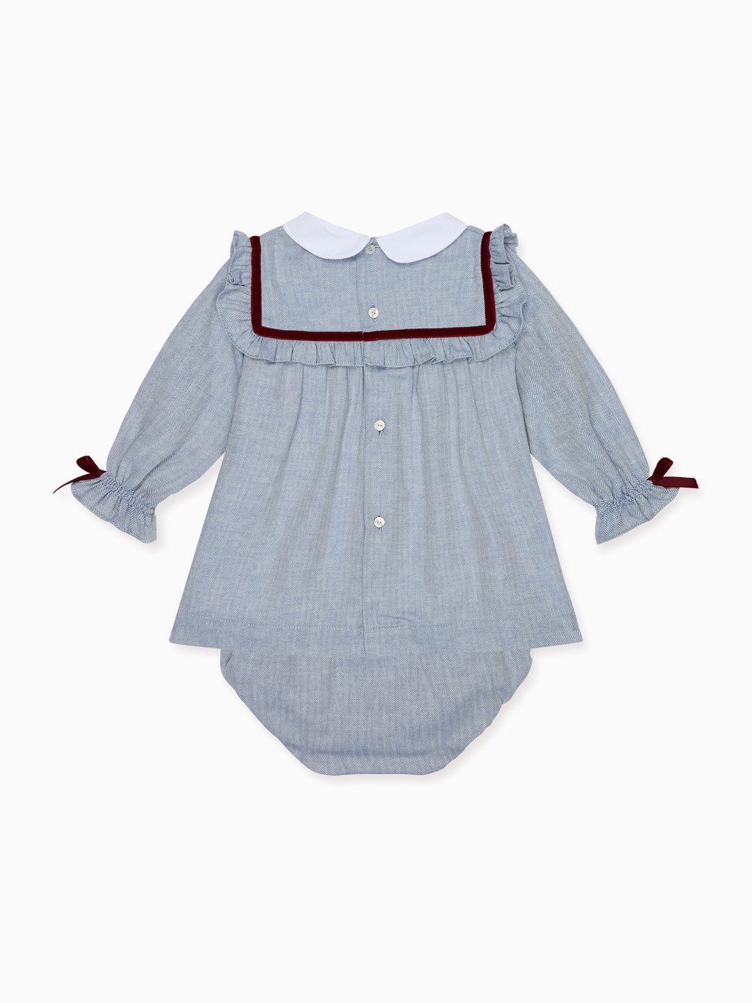 A baby long-sleeve romper in light blue pinstriped fabric, featuring a white Peter Pan collar, a dark red velvet-trimmed collar band, and matching dark red ribbon bows on the cuffs.