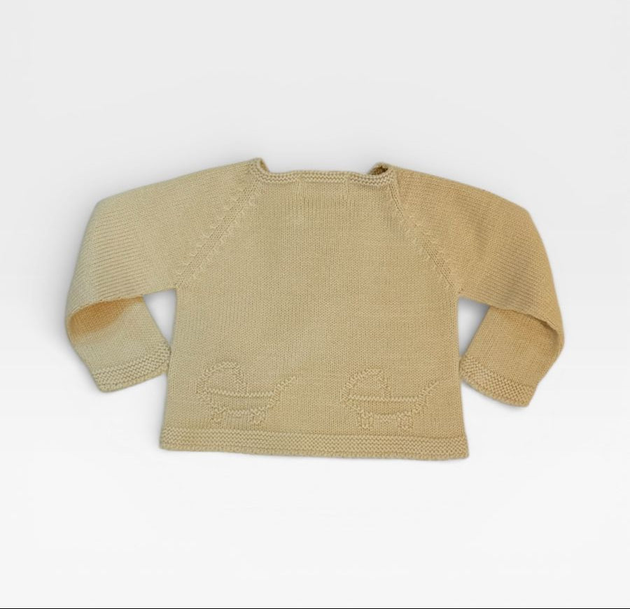 A light beige knit baby sweater with long sleeves and a crew neck, shown from the back on a plain white background.