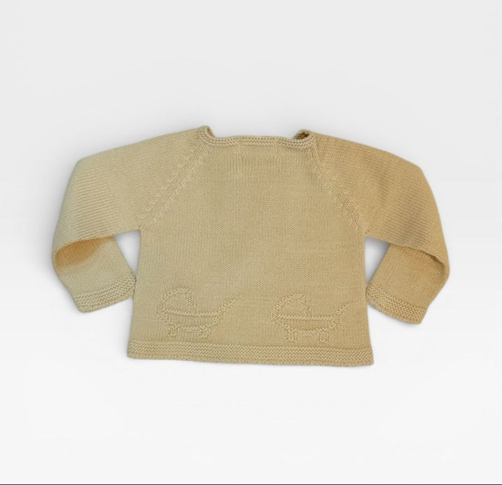 A light beige knit baby sweater with long sleeves and a crew neck, shown from the back on a plain white background.