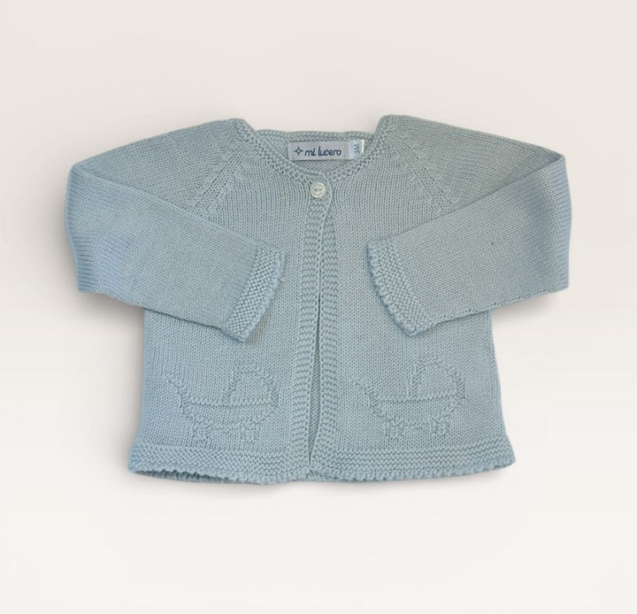 A light blue knit baby cardigan with long sleeves, a single button closure, and knitted basket motifs near the hem, laid flat on a light beige background.
