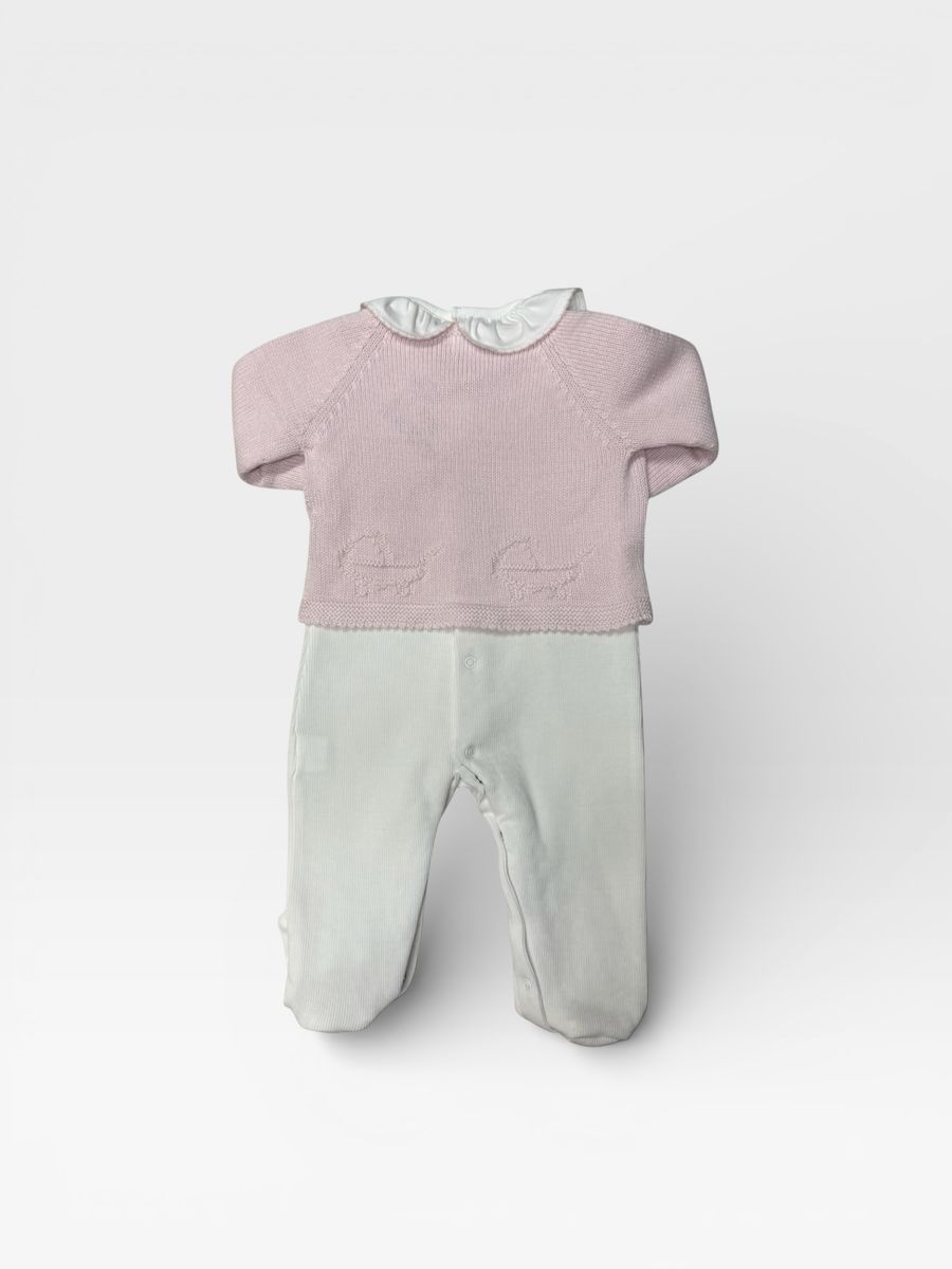 Baby pink Sweater over a knitted white footie